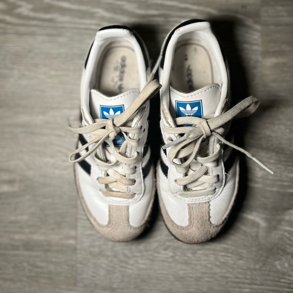 Adidas White and Tan Sneakers with Blue Accents
